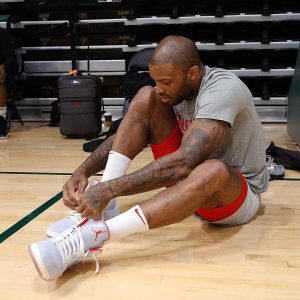@PJTucker laced up Trophy Room’s “Ice Blue” Air Jordan 5 today. #KicksOnCourt...