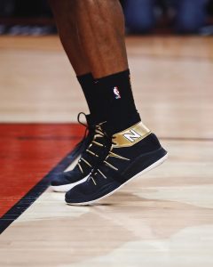 Kawhi Leonard wearing the trophy gold @nbhoops OMN1S for Game 1 of the NBA Final...